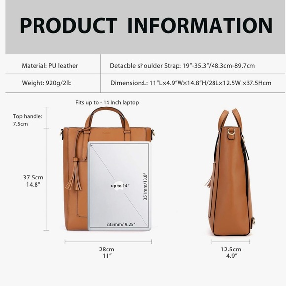 ECOSUSI Tote Bag Convertible Brown Vegan Leather Backpack/Shoulder/Handbag. - Picture 13 of 15